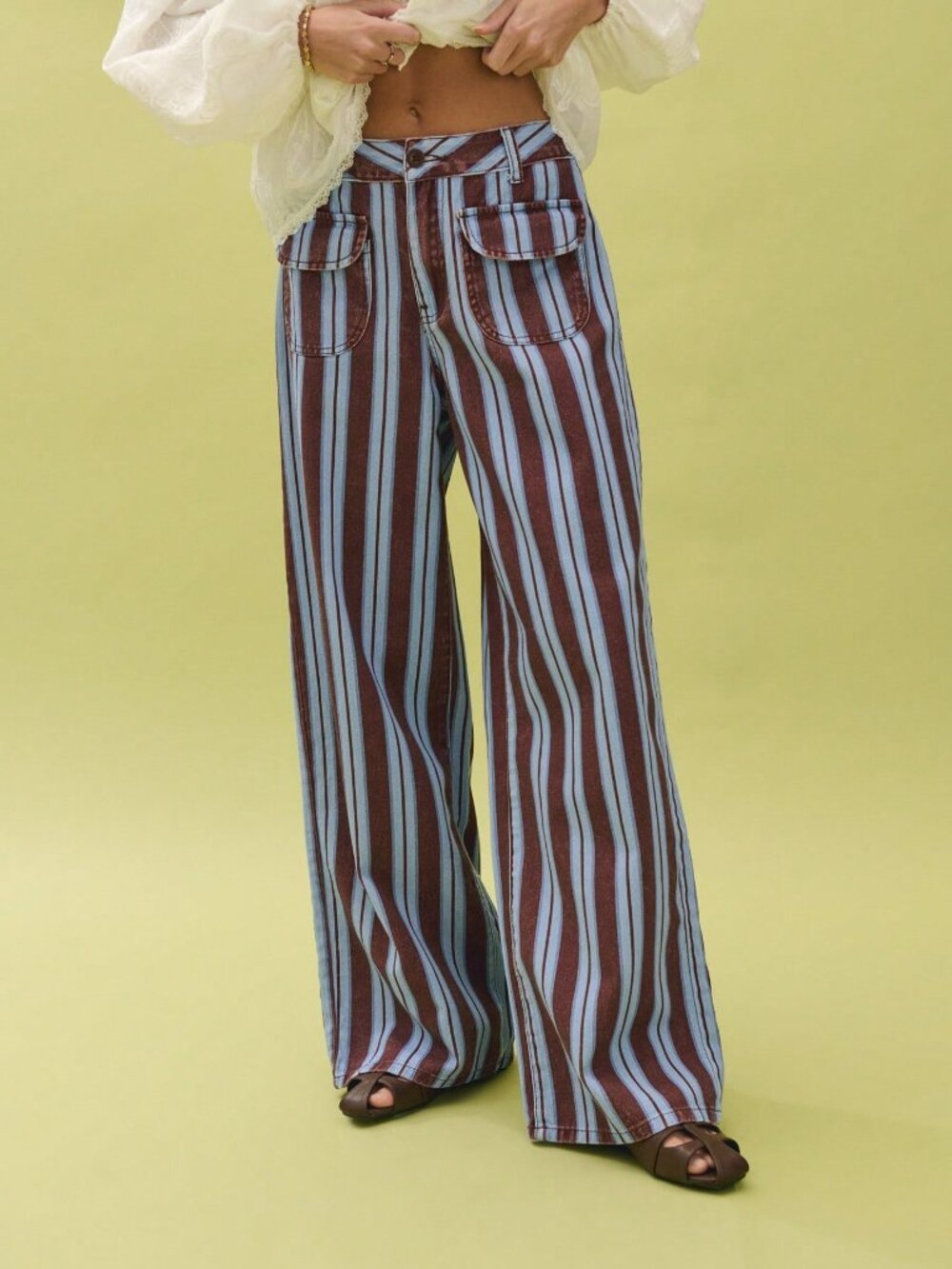 Brown Casual Women's Striped Wide-Leg Pants With Patch Pockets